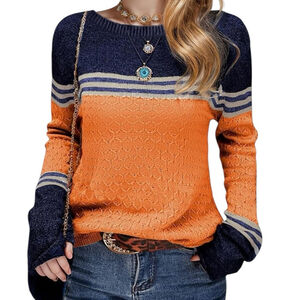 Navy & Mango Textured Knit Sweater with Striped Detail, S